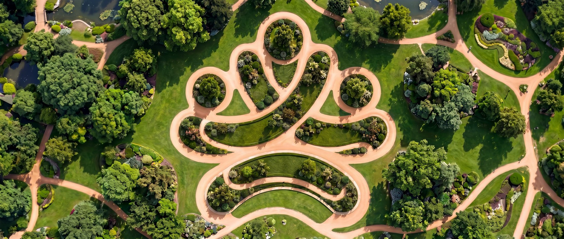 Aerial view of a landscaped park