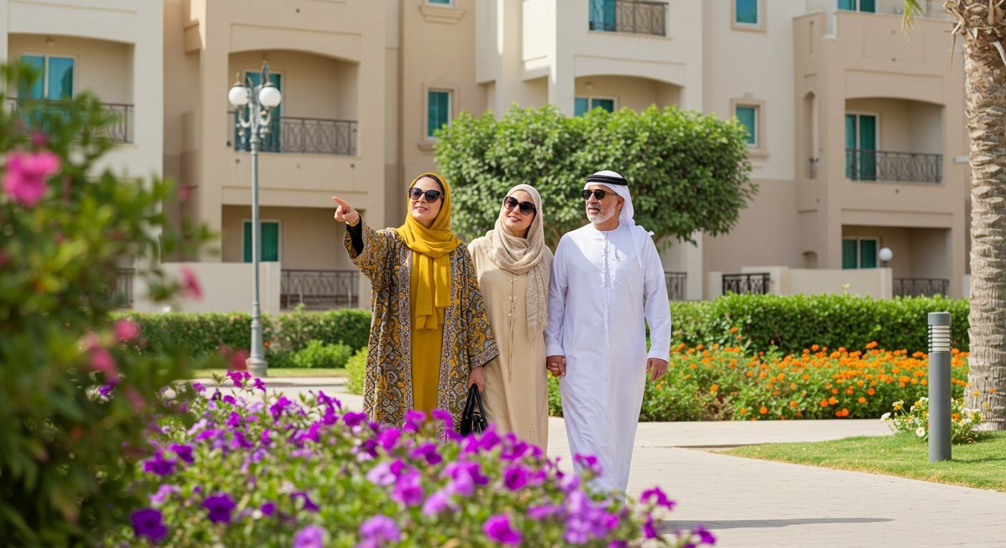 A family walking through a landscaped neighbourhood